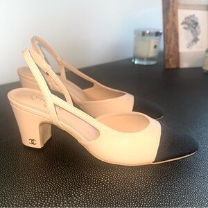 CHANEL Beige and Black Slingback Heels